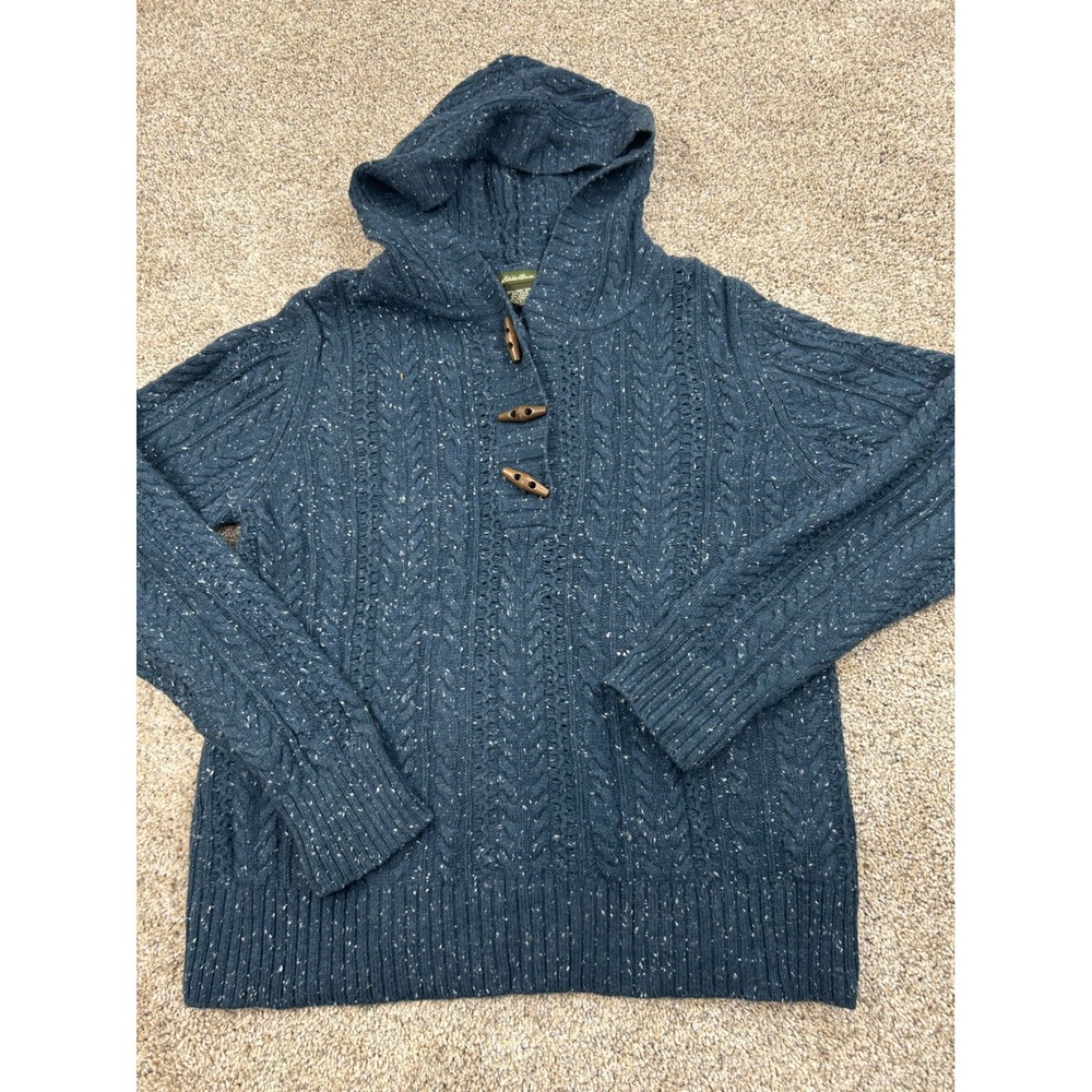 Eddie Bauer Womens Blue Cable Knit Lambswool Cashmere Toggle Hoodie Size L #0856